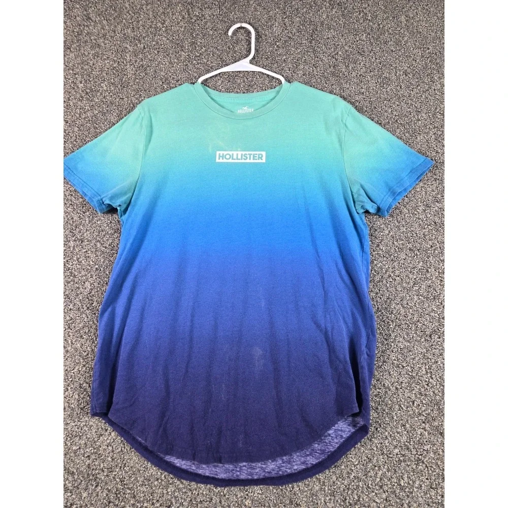 Hollister Mens Large Ombre Gradient T Shirt Blue Teal Logo Graphic Short Sleeve - Picture 3 of 11